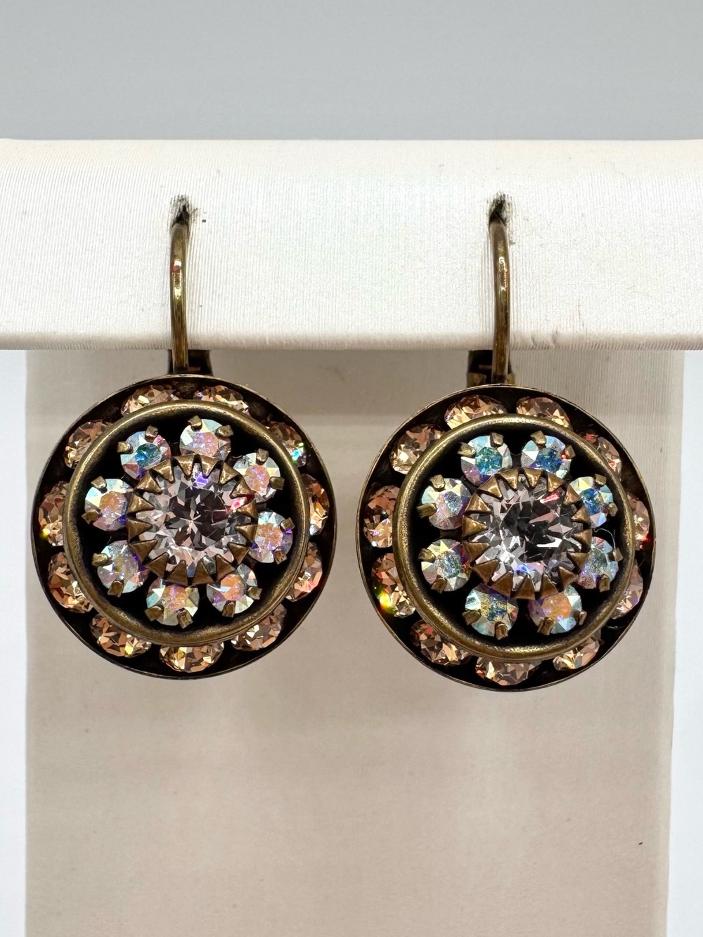 Liz Palacios Rhinestone Florette Leverback Earrings Brass Tone Romantic Signed